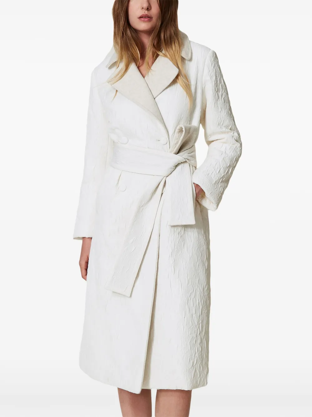 Shop Twinset Embossed Double-breasted Coat In White
