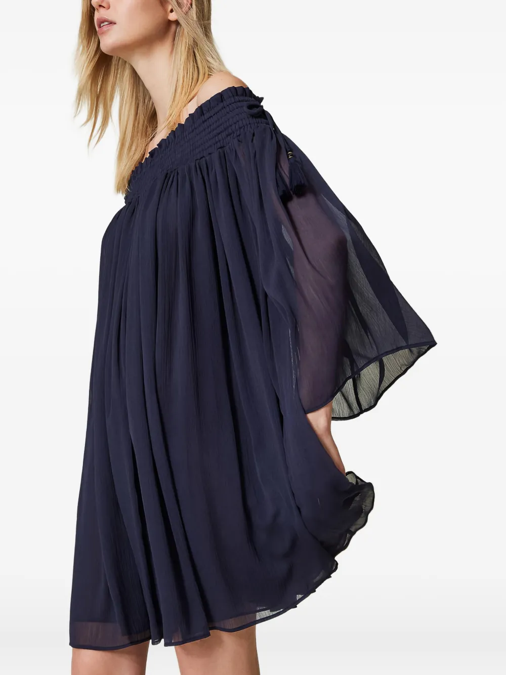 Twinset Off-shoulder Tassel Mini Dress In Blue