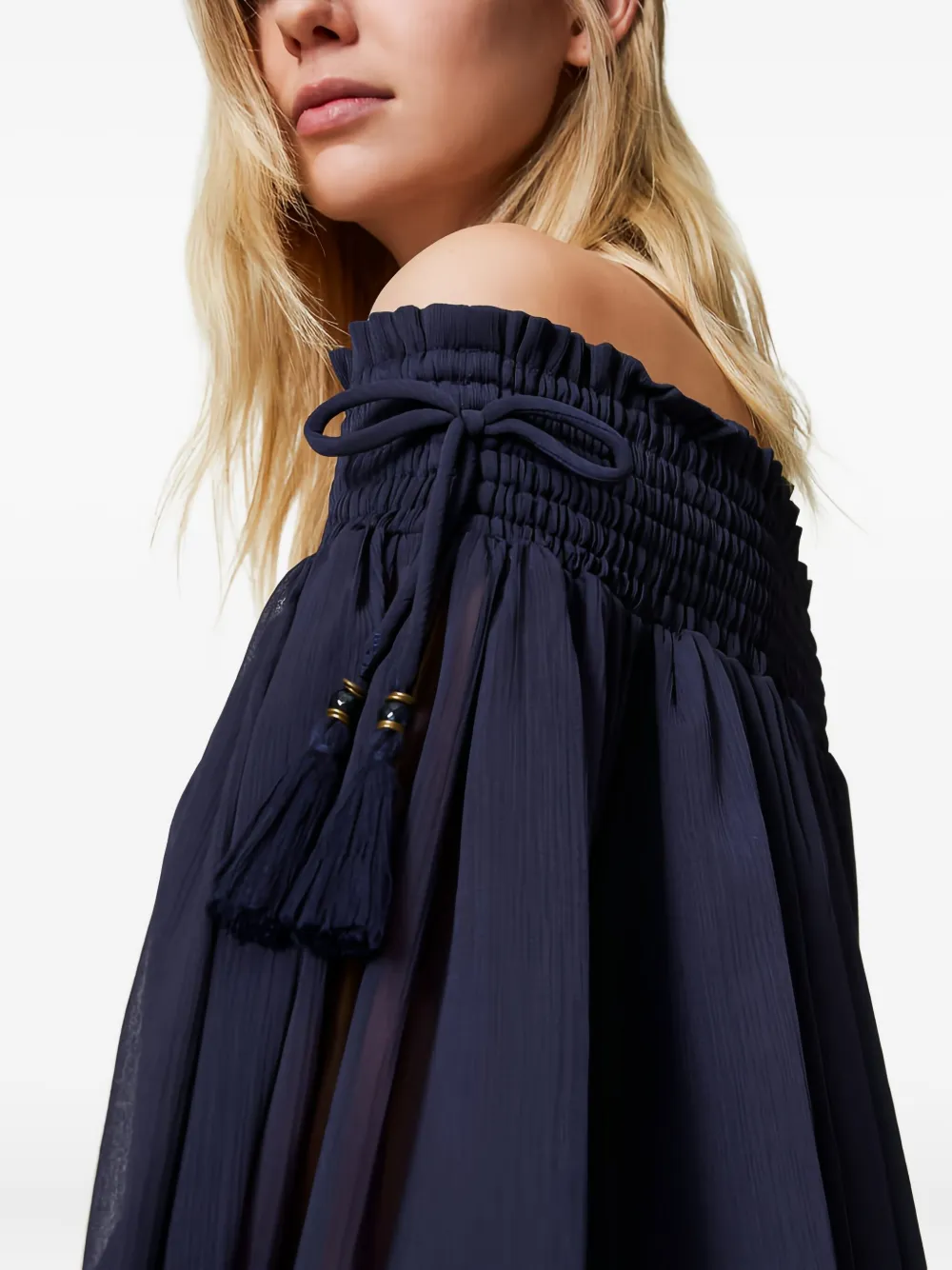 Twinset Off-shoulder Tassel Mini Dress In Blue