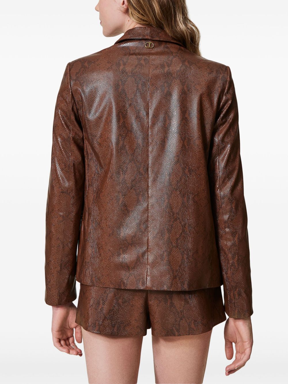 Shop Twinset Lizard-skin Effect Faux Leather Blazer In Brown