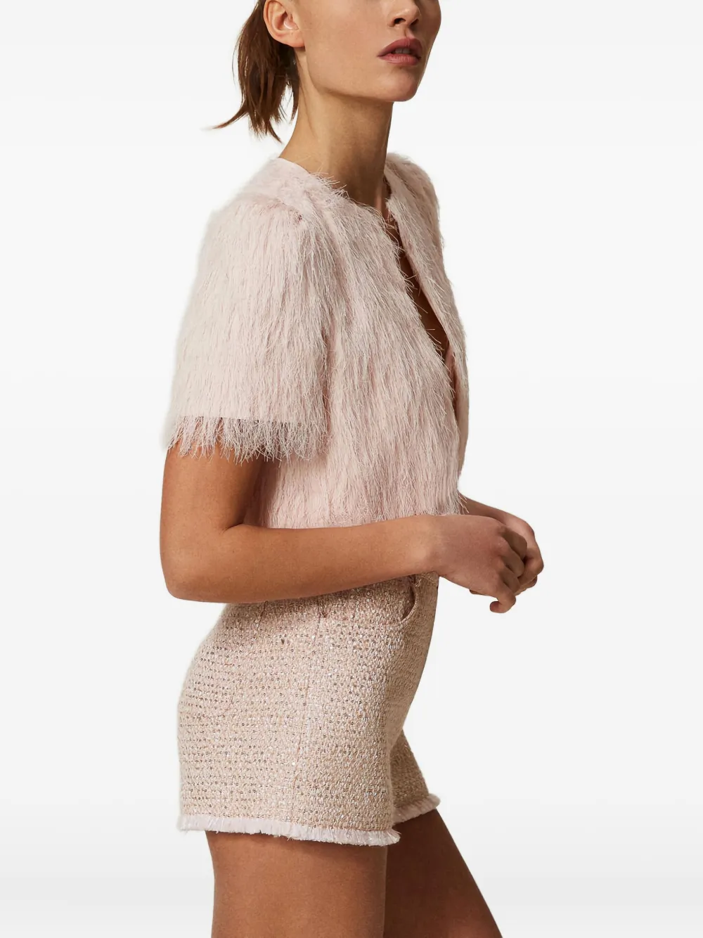 Twinset Feather-effect Short-sleeve Cropped Jacket In Pink