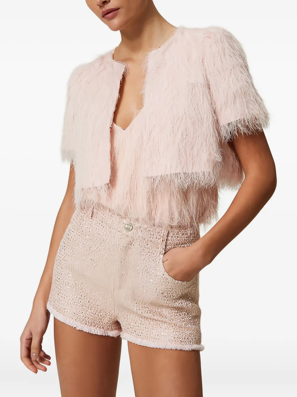 Twinset Feather-effect Short-sleeve Cropped Jacket In Pink