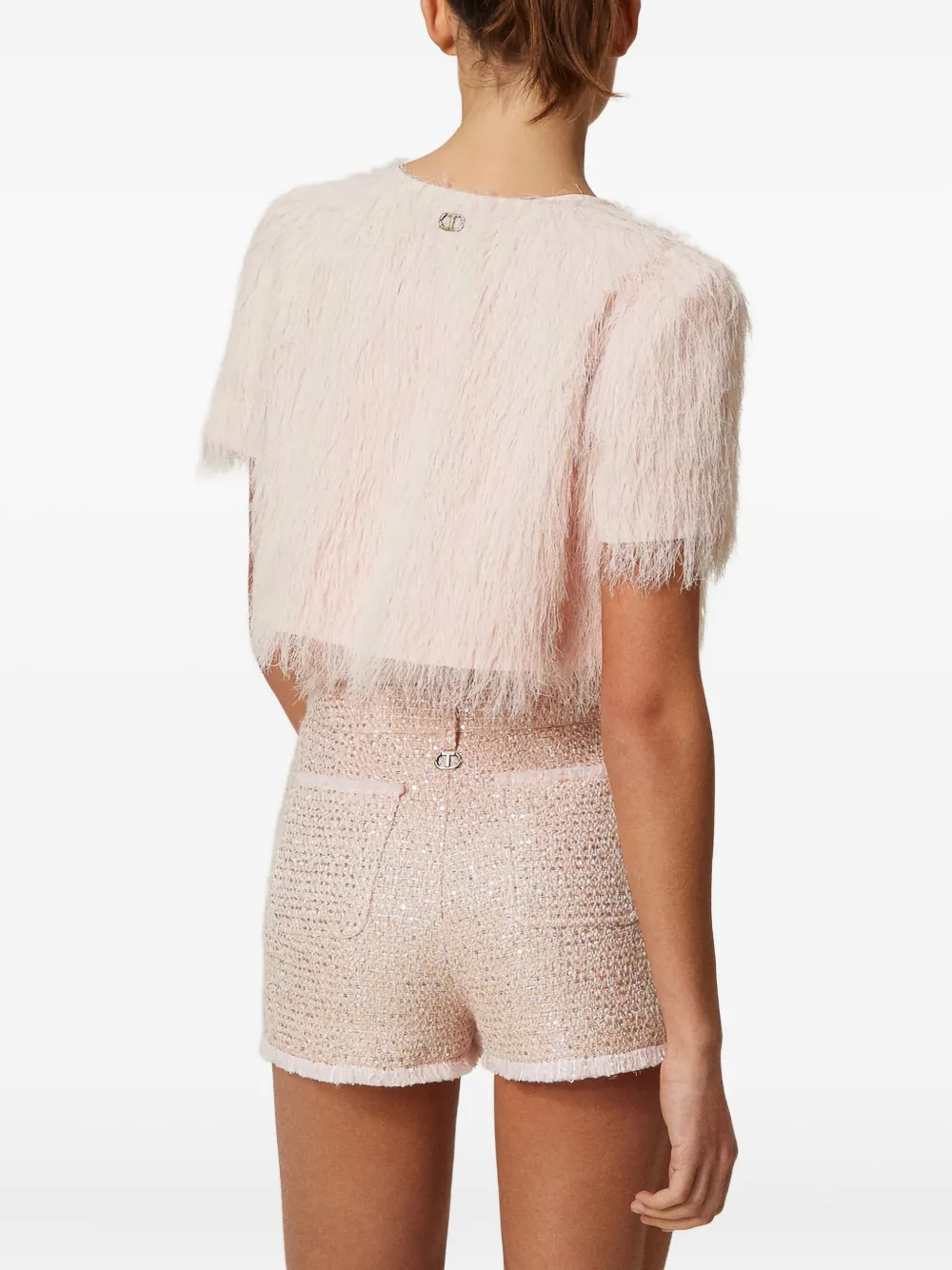 Twinset Feather-effect Short-sleeve Cropped Jacket In Pink