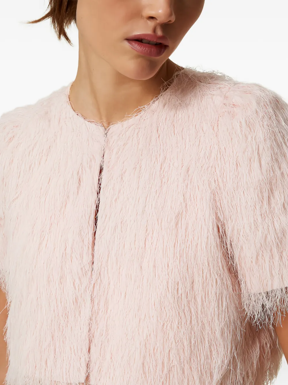 Twinset Feather-effect Short-sleeve Cropped Jacket In Pink