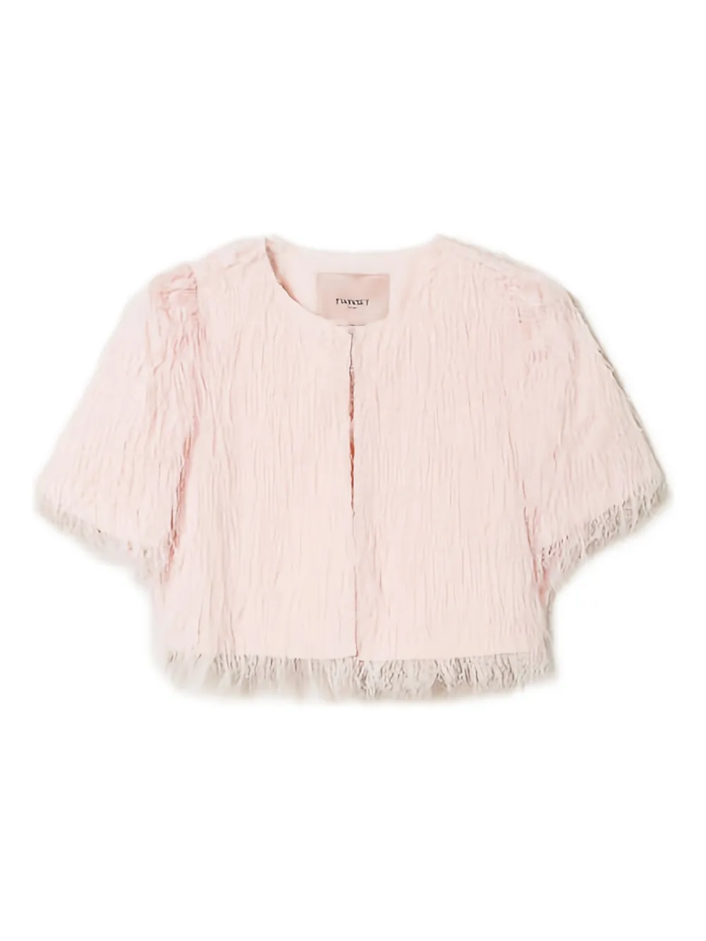 Twinset Feather-effect Short-sleeve Cropped Jacket In Pink