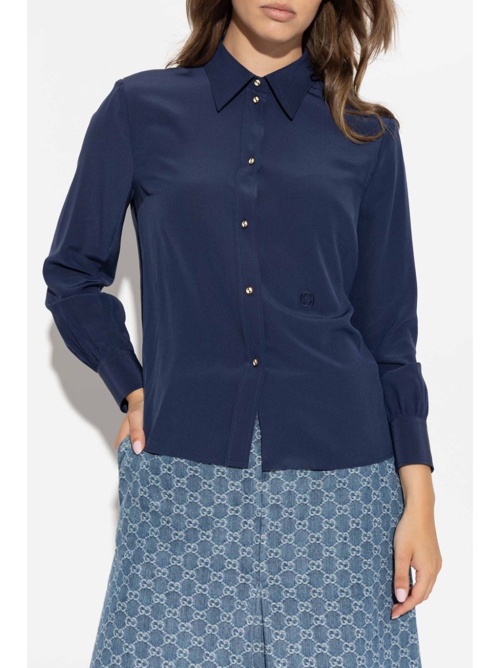 Shop Gucci Interlocking G-embroidered Silk Shirt In Blau