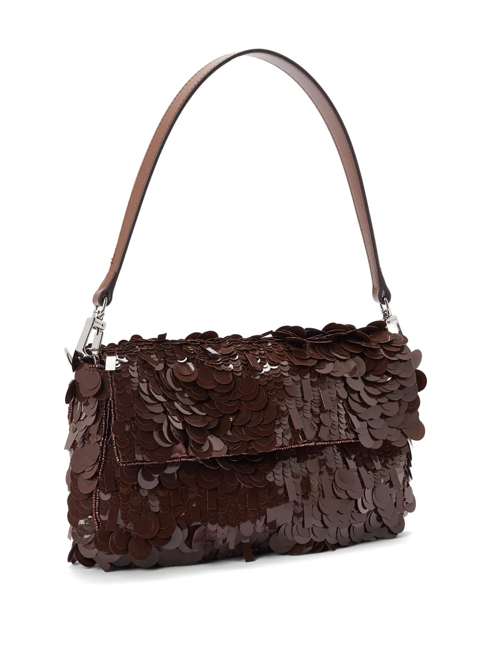 Staud Timmy Embellished Sequined Leather Shoulder Bag In Brown