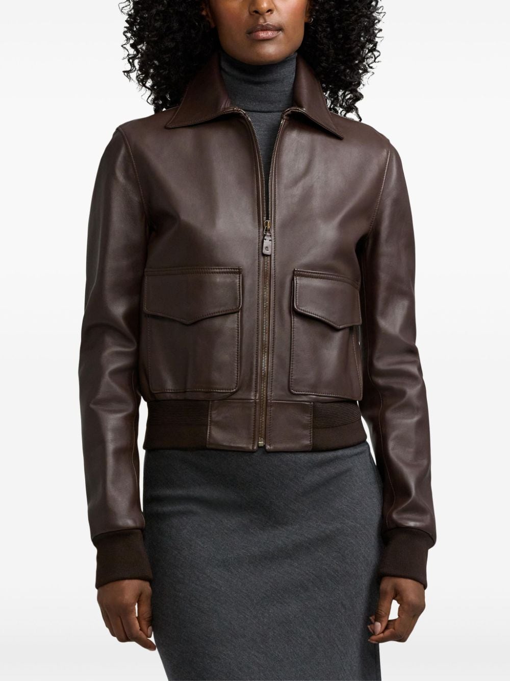 Shop Ralph Lauren Zipped Leather Bomber Jacket In Braun