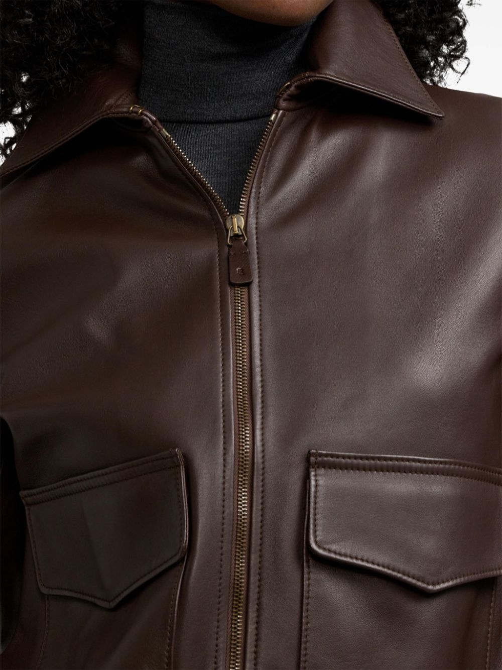 Shop Ralph Lauren Zipped Leather Bomber Jacket In Braun