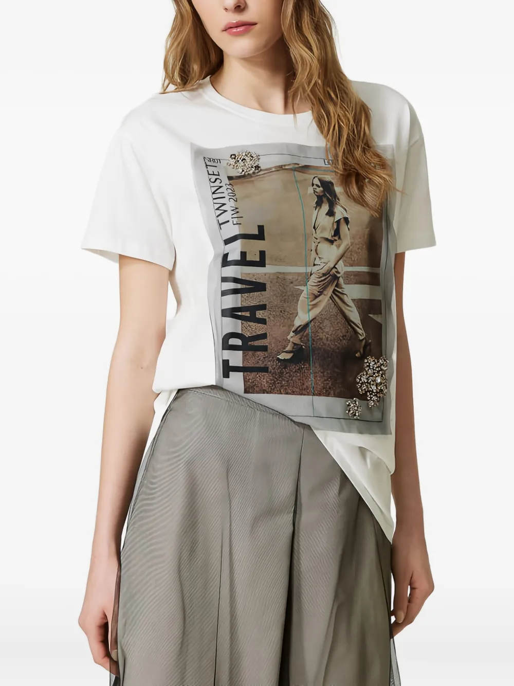 TWINSET graphic-print tulle-overlay T-shirt | T-Shirts & Jersey Shirts | Image 2