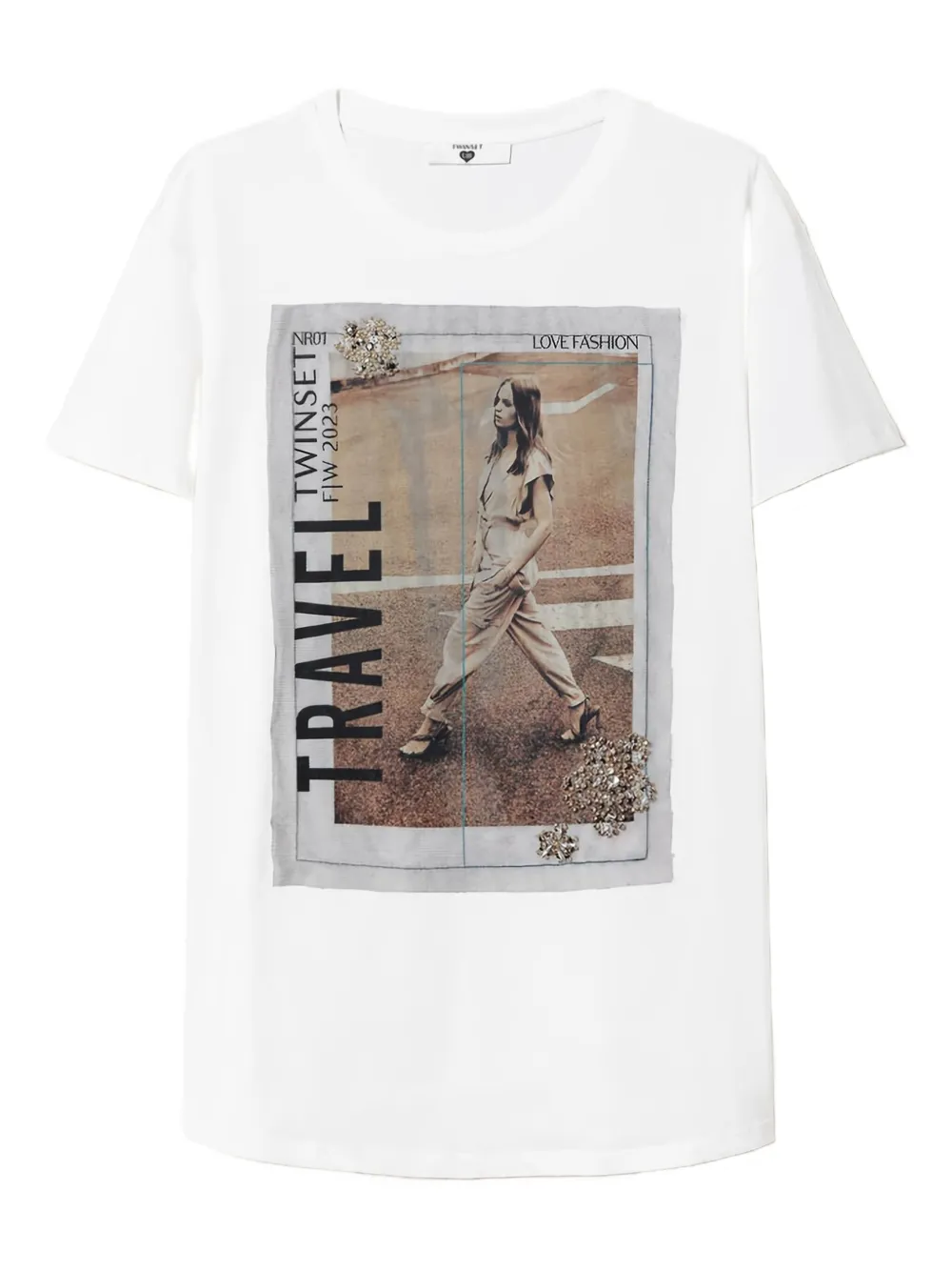 TWINSET graphic-print tulle-overlay T-shirt | White | Image 1