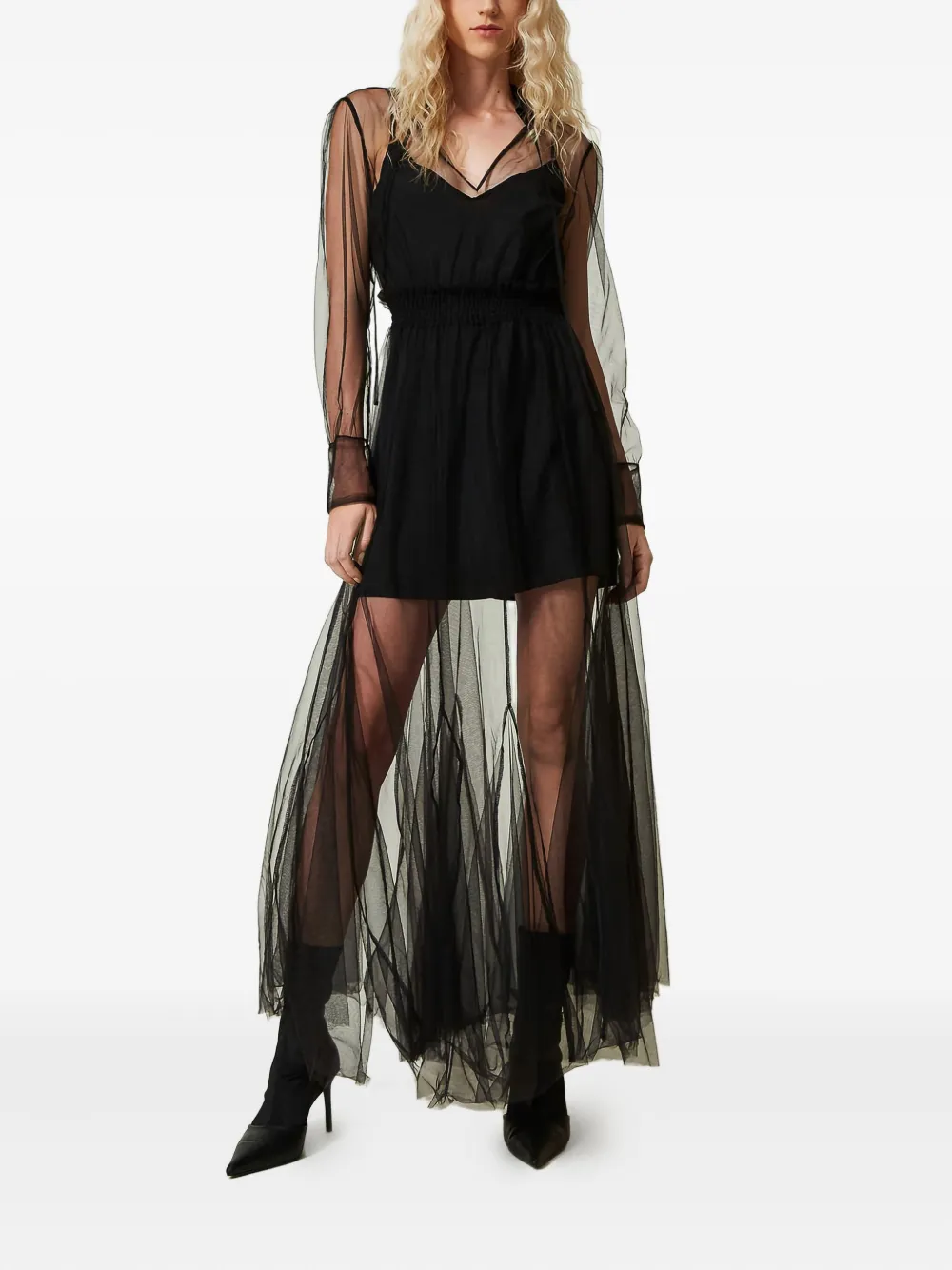 TWINSET Midi-jurk met tulen laag en lange mouwen - Zwart