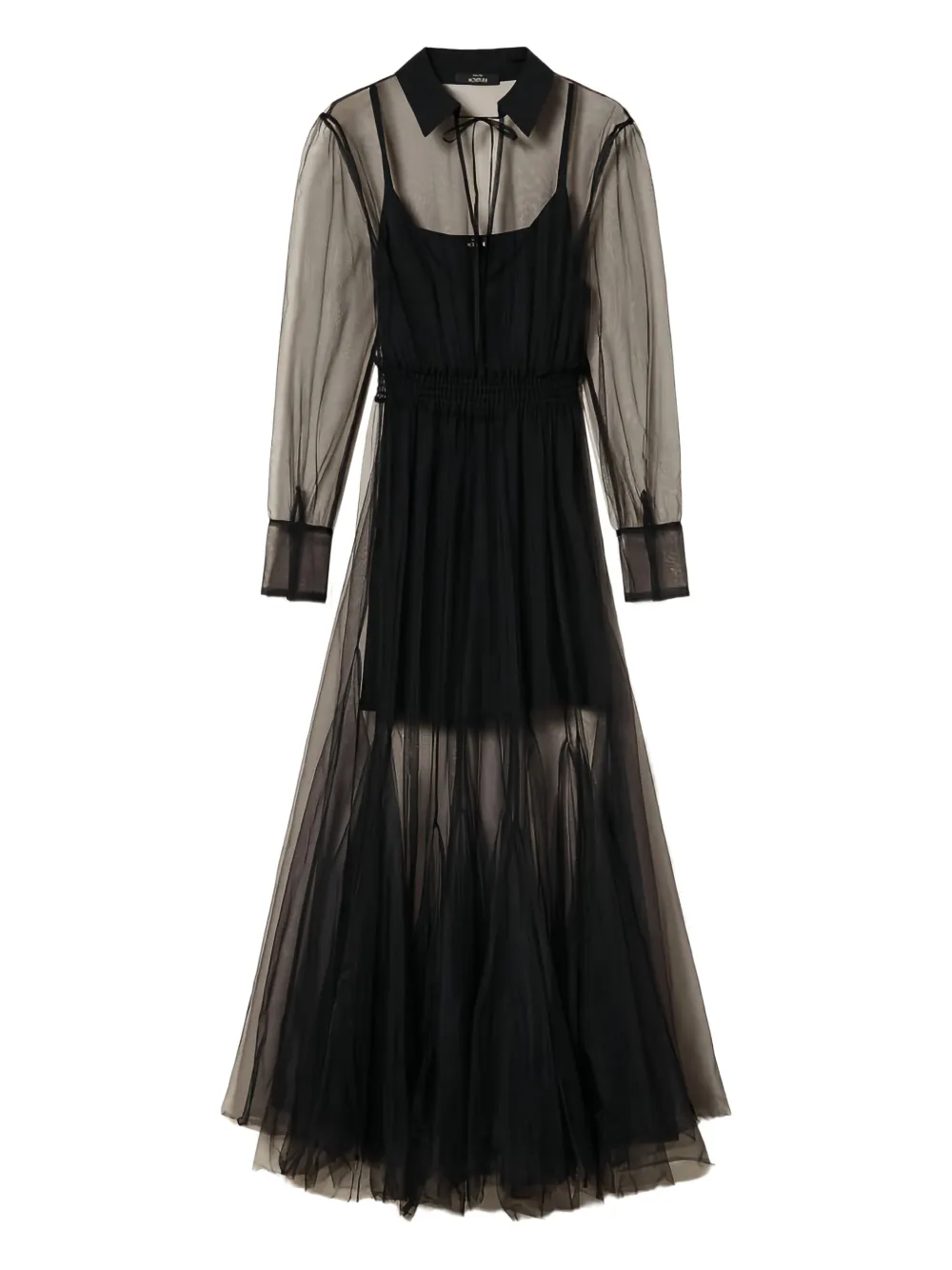 Twinset Tulle Overlay Long-sleeves Midi Dress In Black