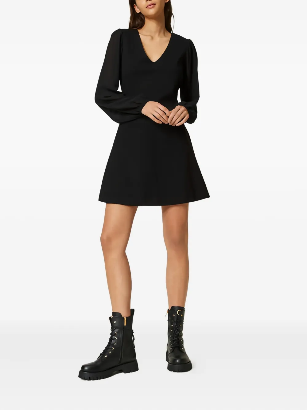 TWINSET Mini-jurk met georgette mouwen en V-hals - Zwart