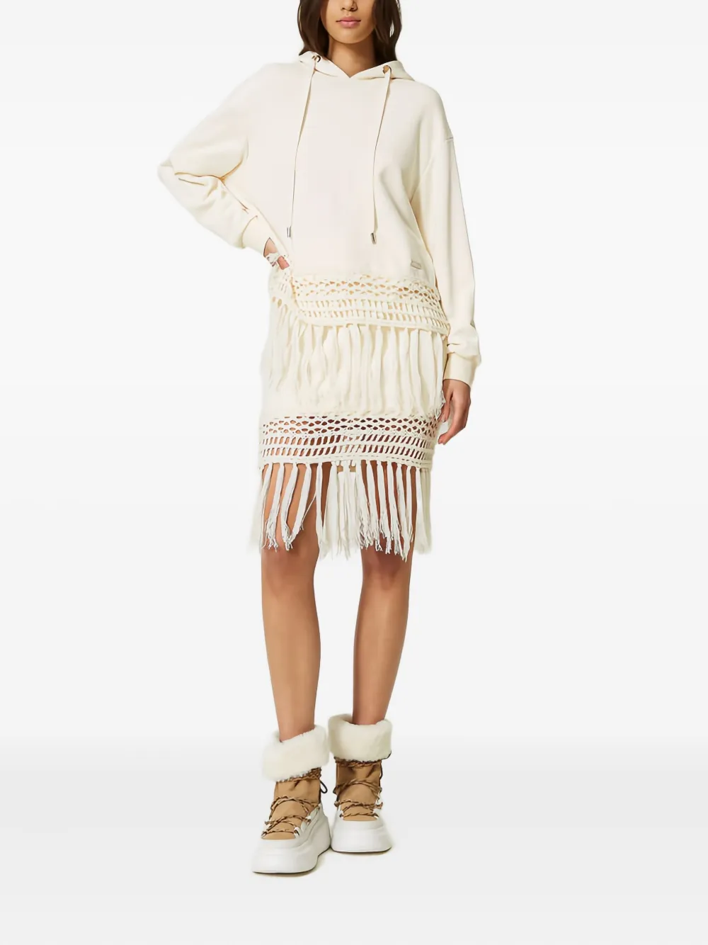 TWINSET Hoodie met geborduurde afwerking en franje - Wit