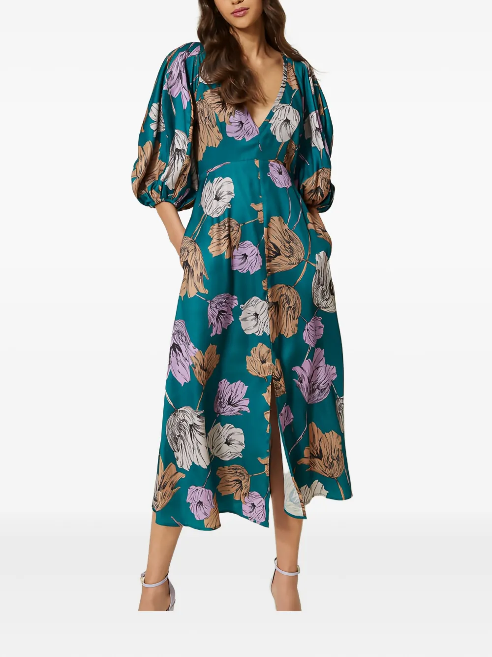 TWINSET Midi-jurk met pofmouwen en bloemen - Blauw