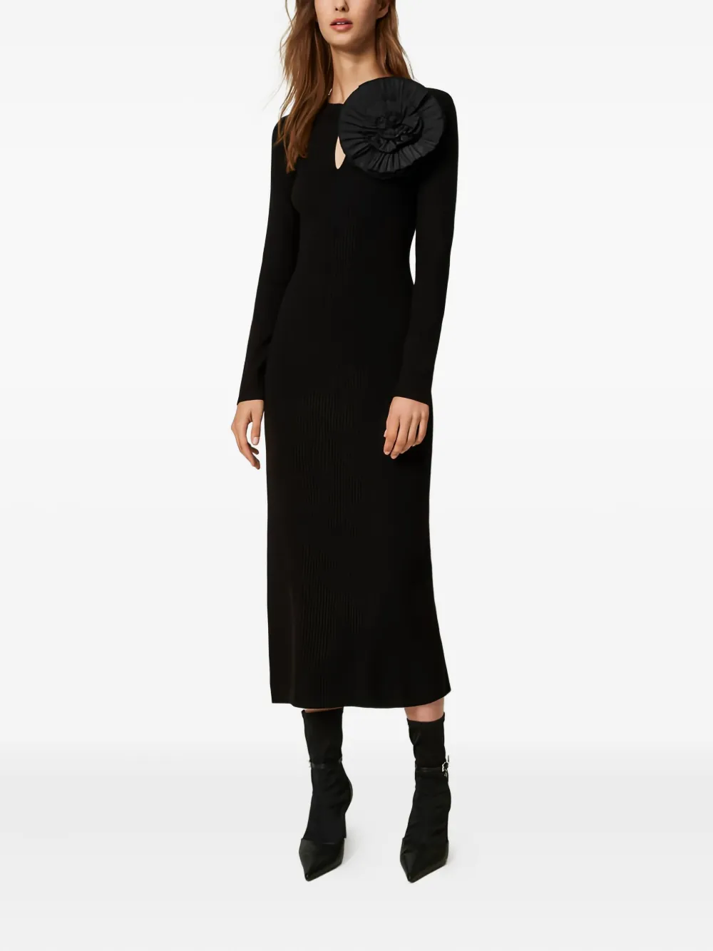 TWINSET Midi-jurk met lange mouwen en bloemendetail - Zwart