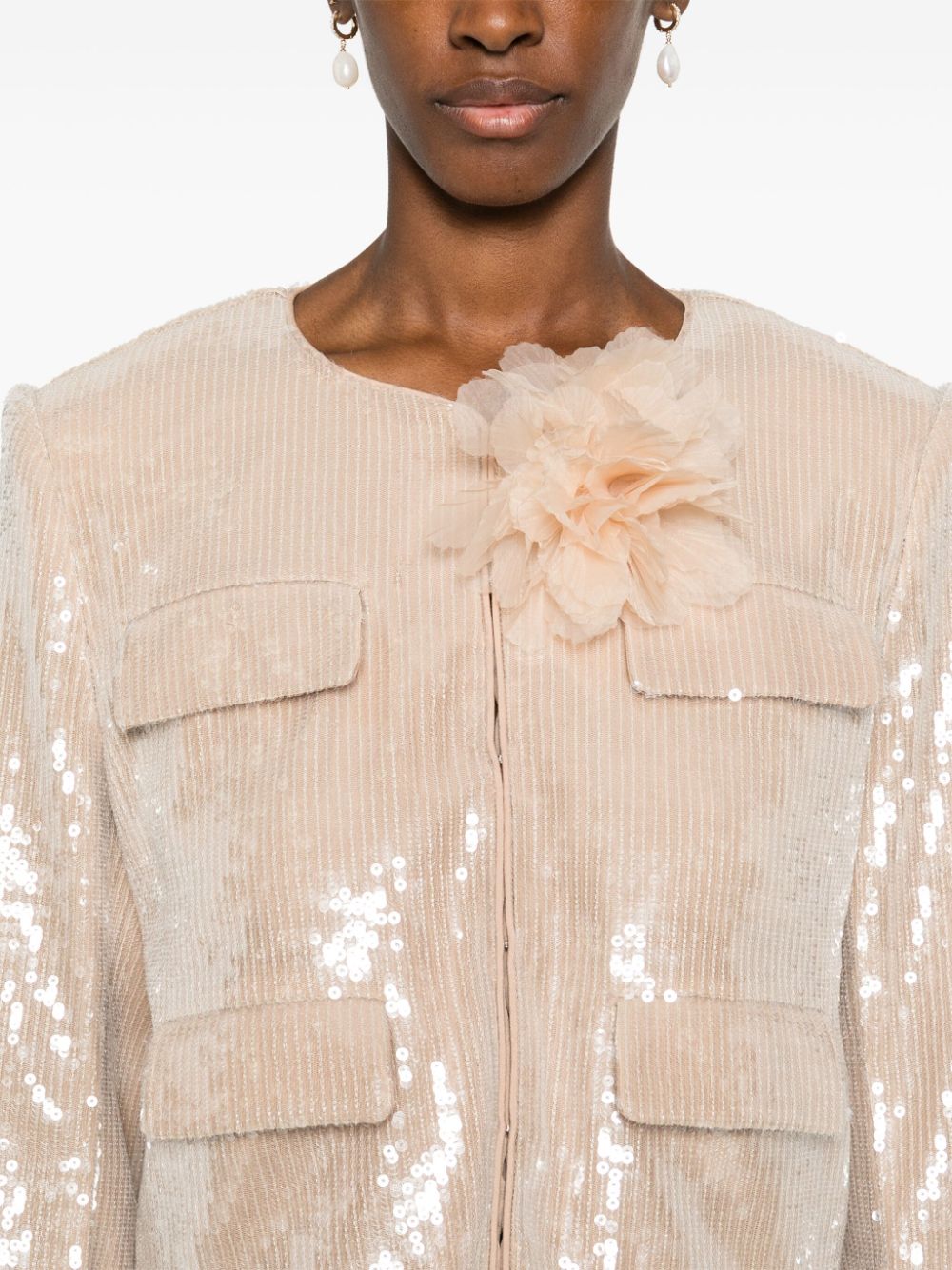 Shop Self-portrait Sequinned Jacket In Neutrals