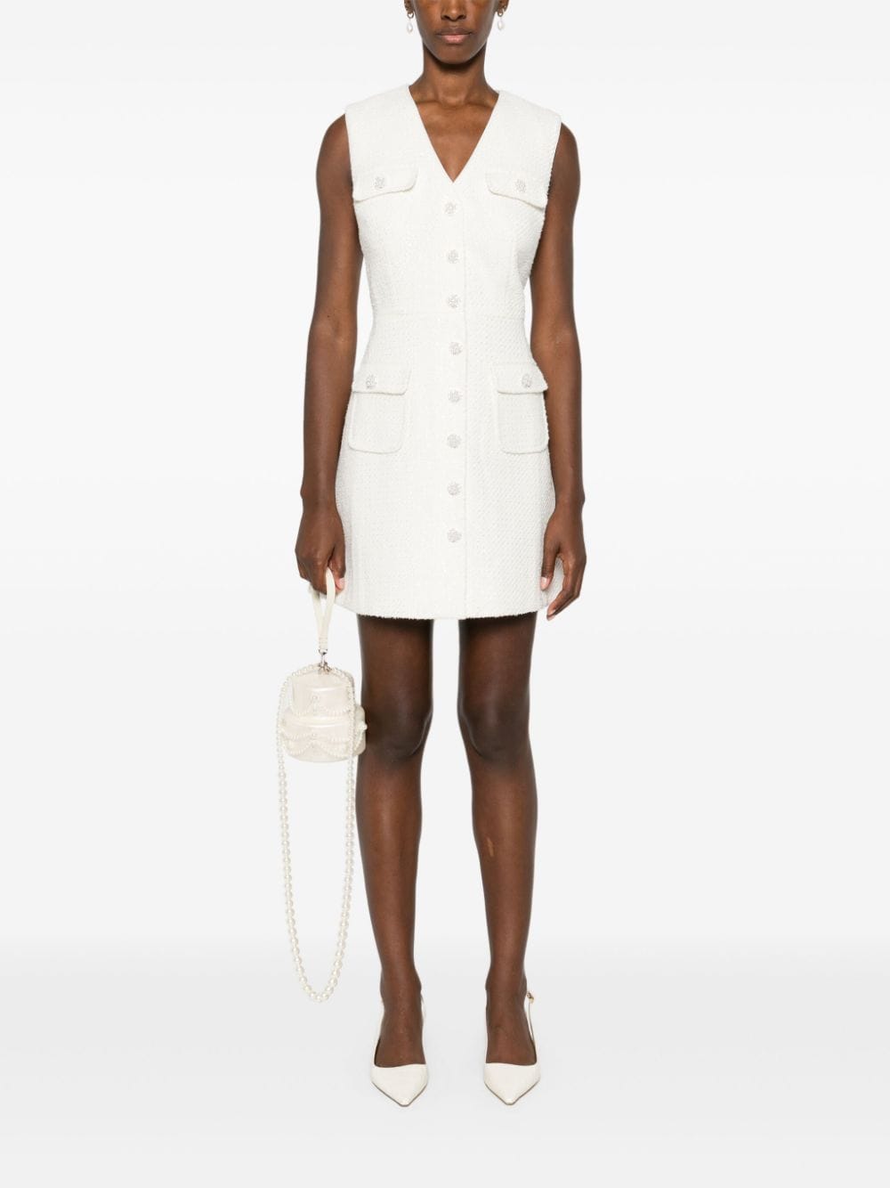 Shop Self-portrait Bouclé Buttoned Mini Dress In Neutrals