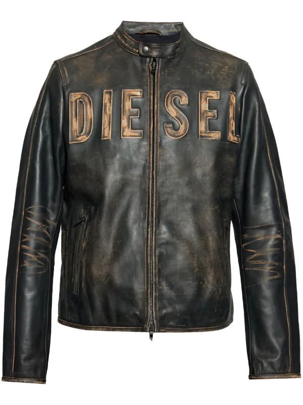 Diesel logo embossed Leather Jacket Brown FARFETCH IN