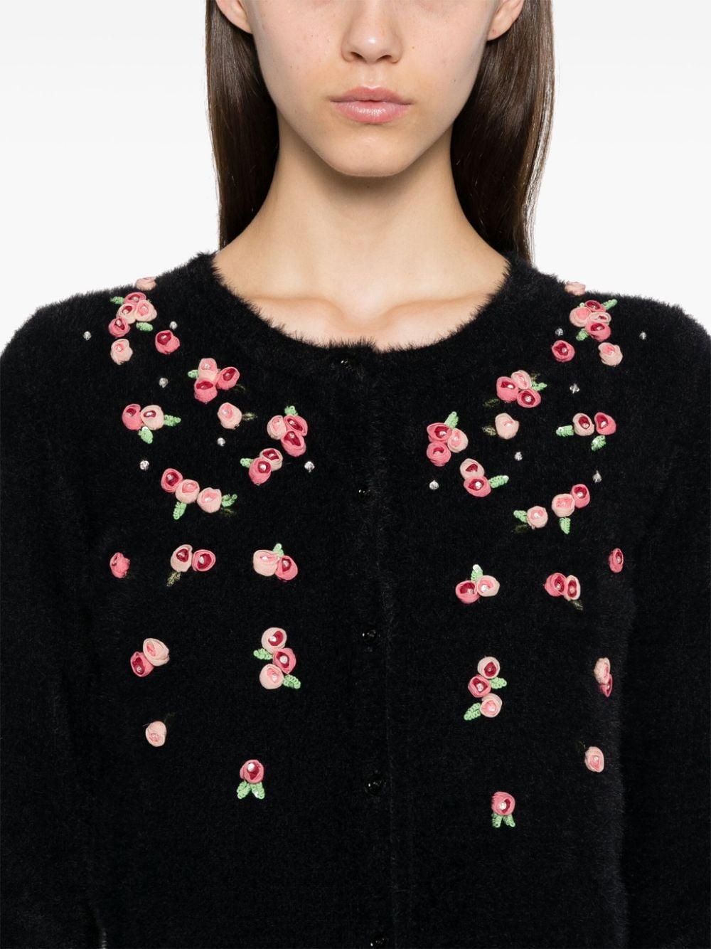 Shop Blumarine Floral-appliqué Knitted Cardigan In Black