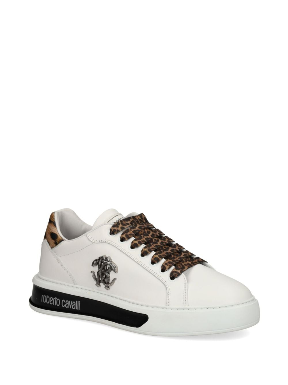 Shop Roberto Cavalli Mirror Snake-plaque Leather Sneakers In White