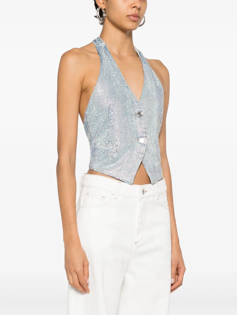 Liu •jo Rhinestones Denim Waistcoat In 蓝色