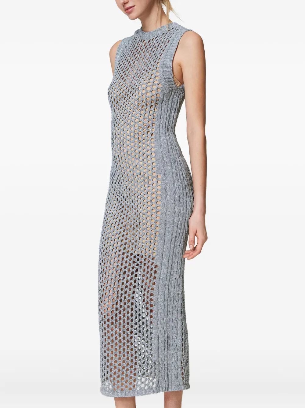 Twinset Long Lurex-mesh Midi Dress In Gray