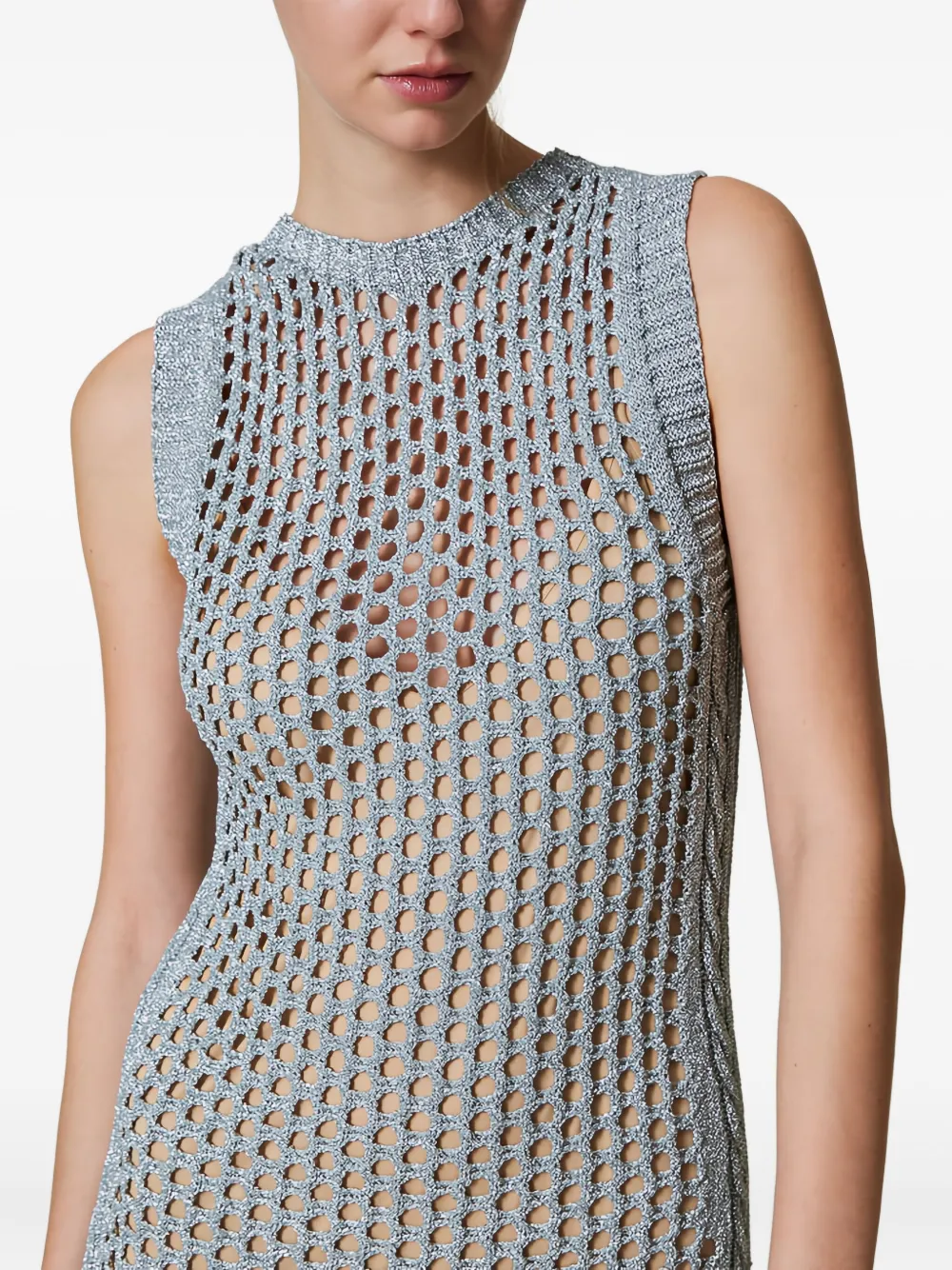 Twinset Long Lurex-mesh Midi Dress In Gray