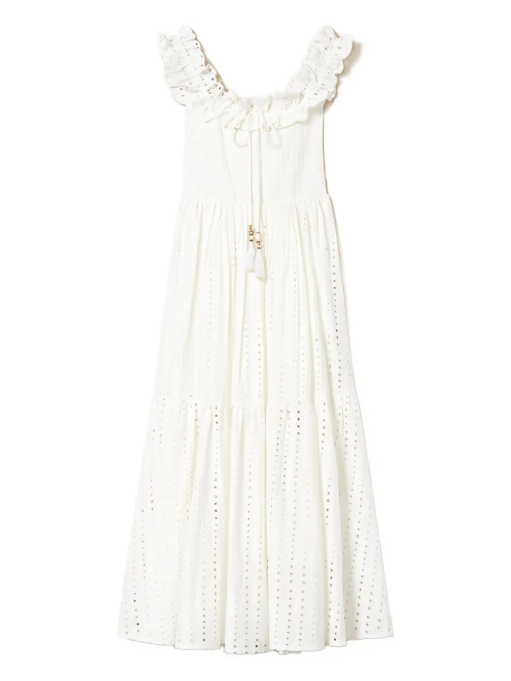 Twinset Eyelet Ruffle Midi Dress In White