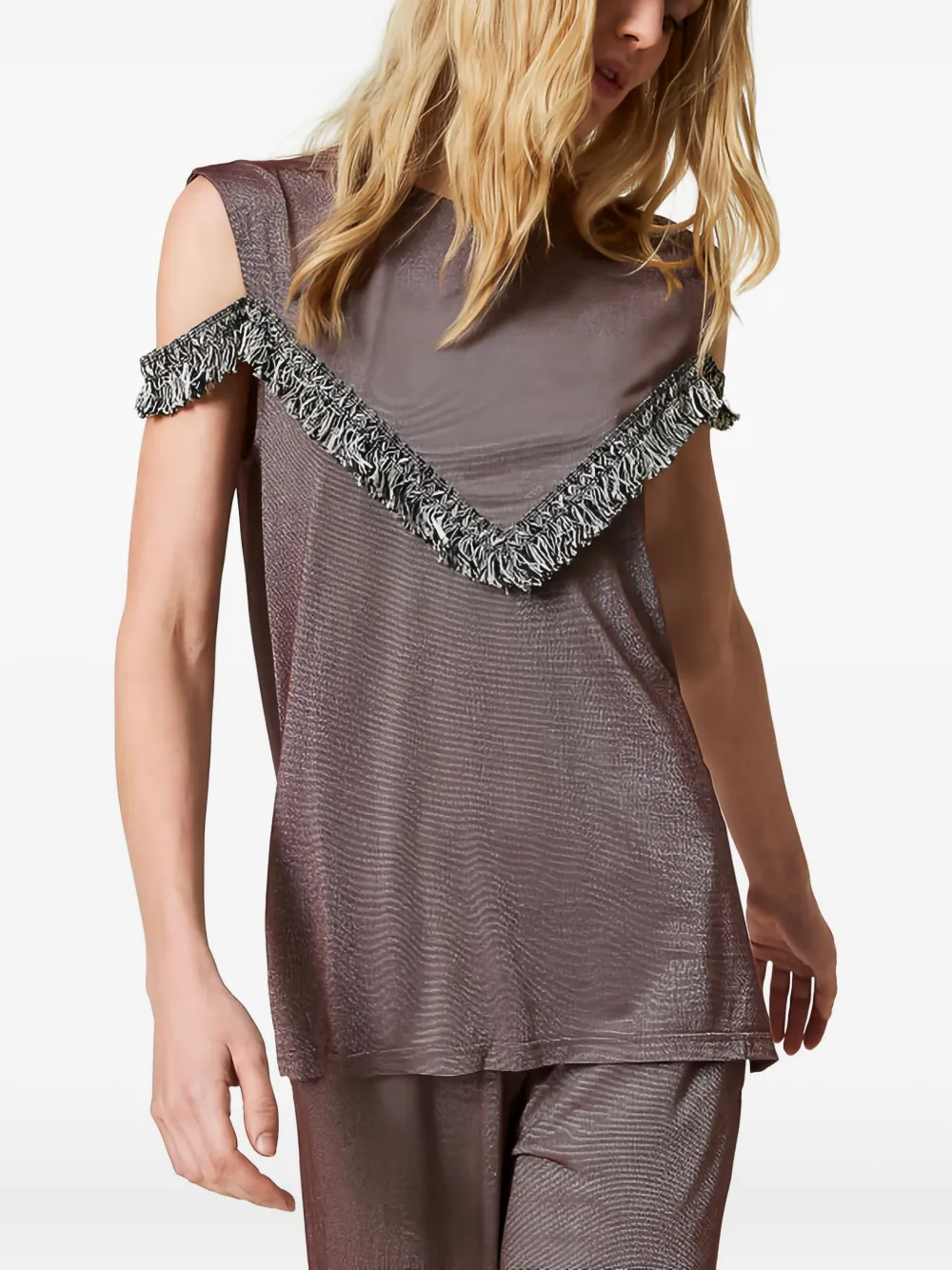 Twinset Fringe-detail Crew-neck Blouse In Multi