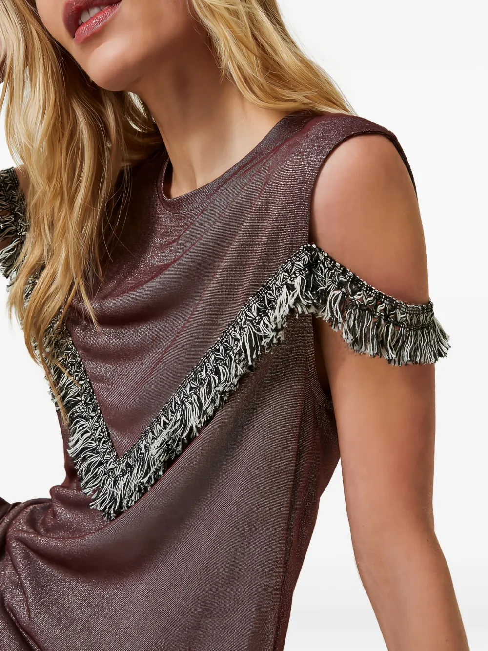 Twinset Fringe-detail Crew-neck Blouse In Multi