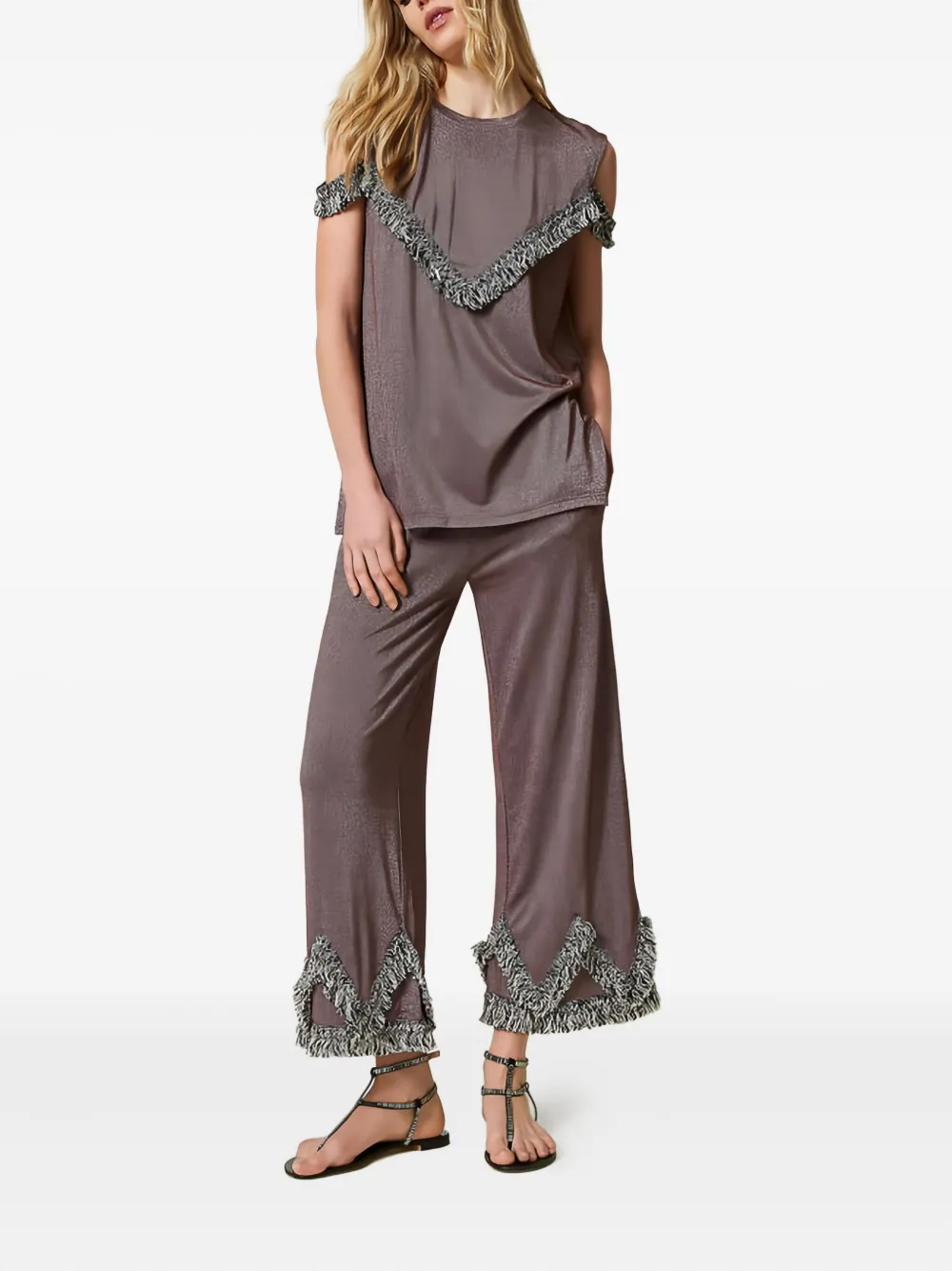 TWINSET Blouse met franje detail en ronde hals - Bruin