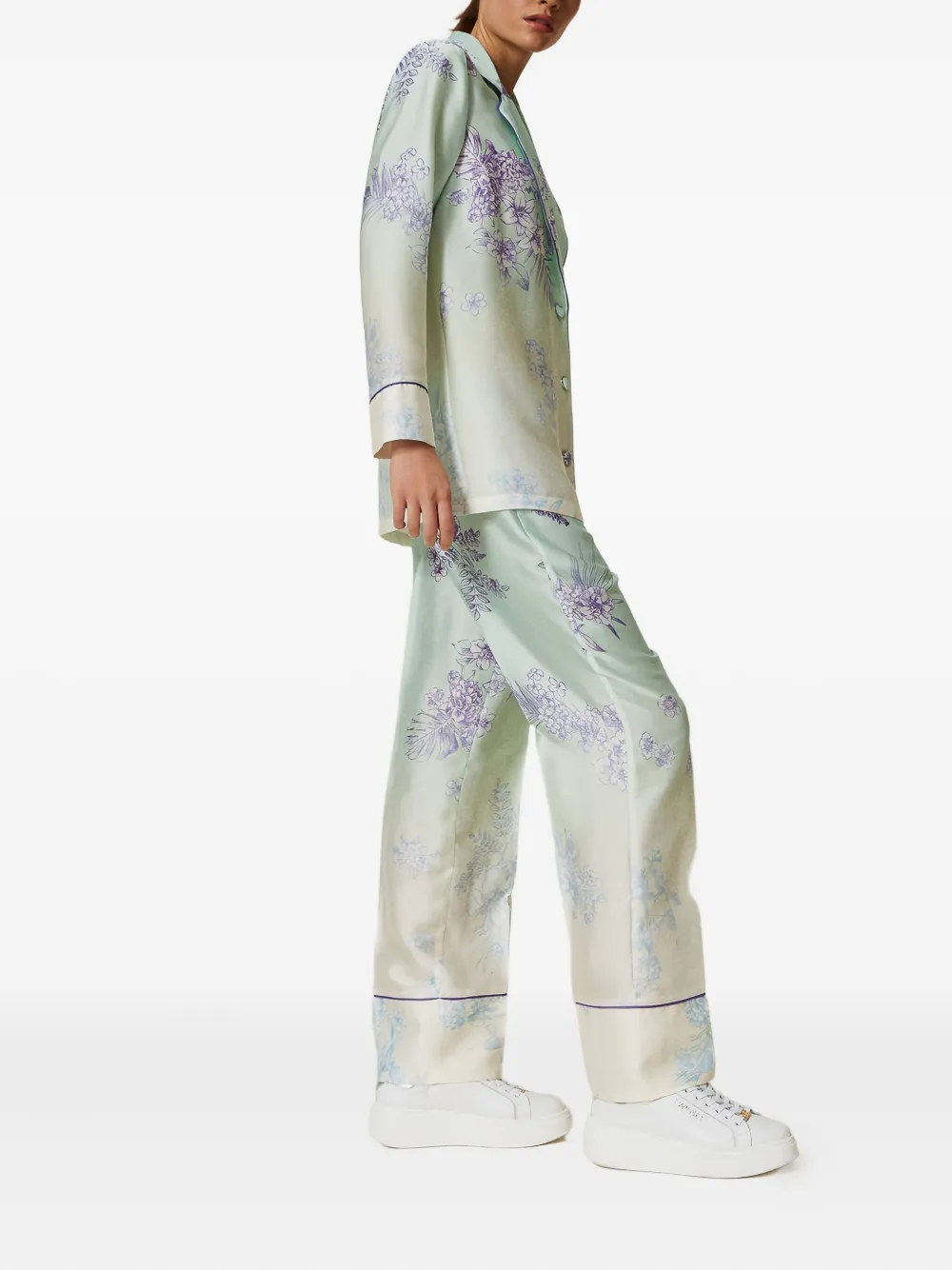 Twinset Floral-print Straight-leg Trousers In Green