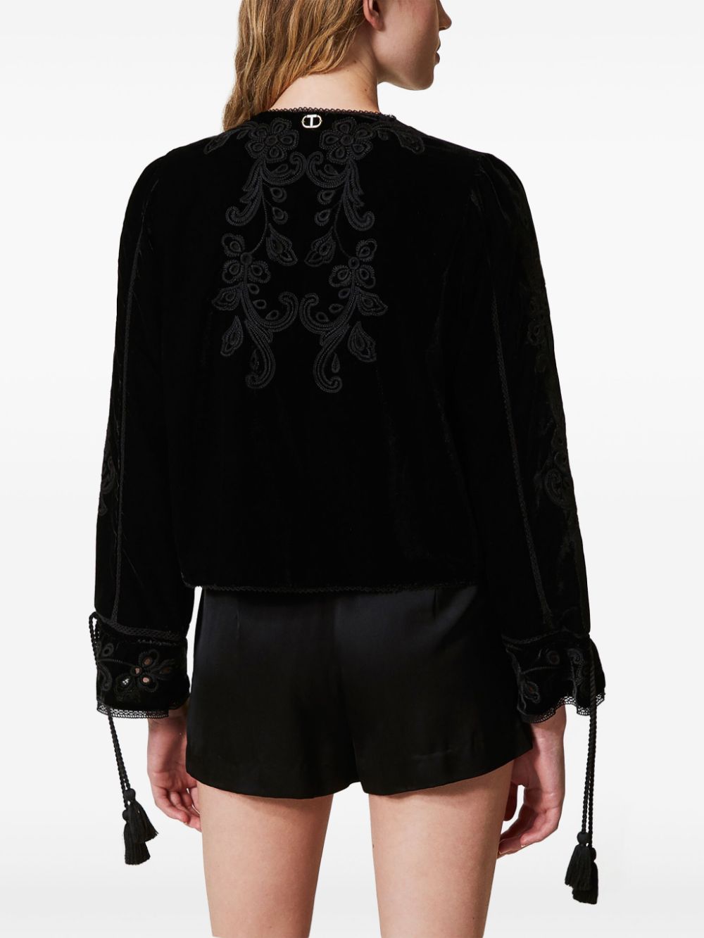 Shop Twinset Embroidered Velvet Jacket In Black