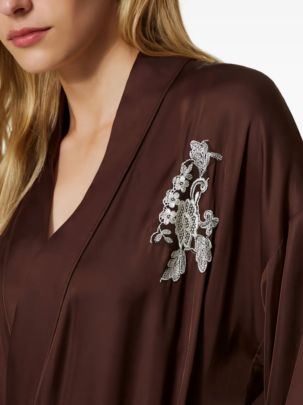 Twinset Embroidered Satin Dressing Gown In Brown