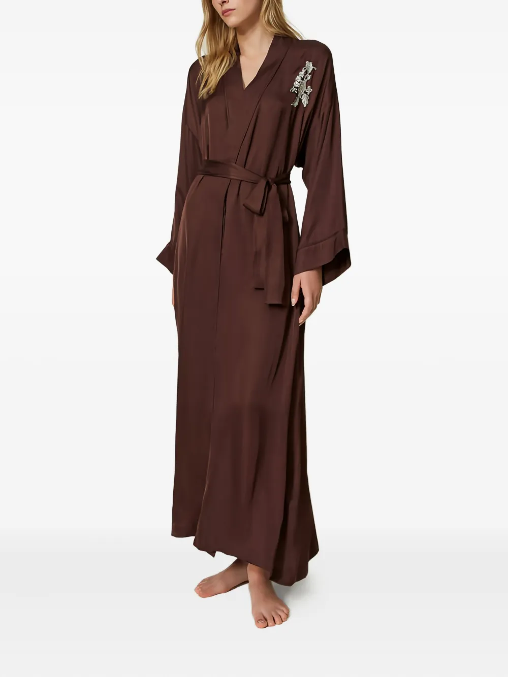 Twinset Embroidered Satin Dressing Gown In Brown