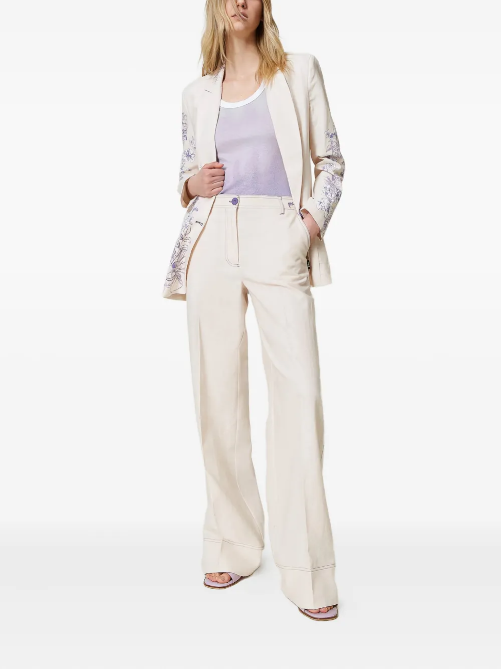 TWINSET Palazzo broek met geborduurde bloemen Wit