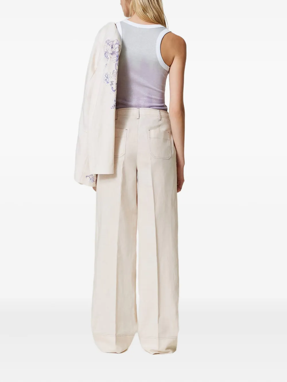 TWINSET Palazzo broek met geborduurde bloemen Wit