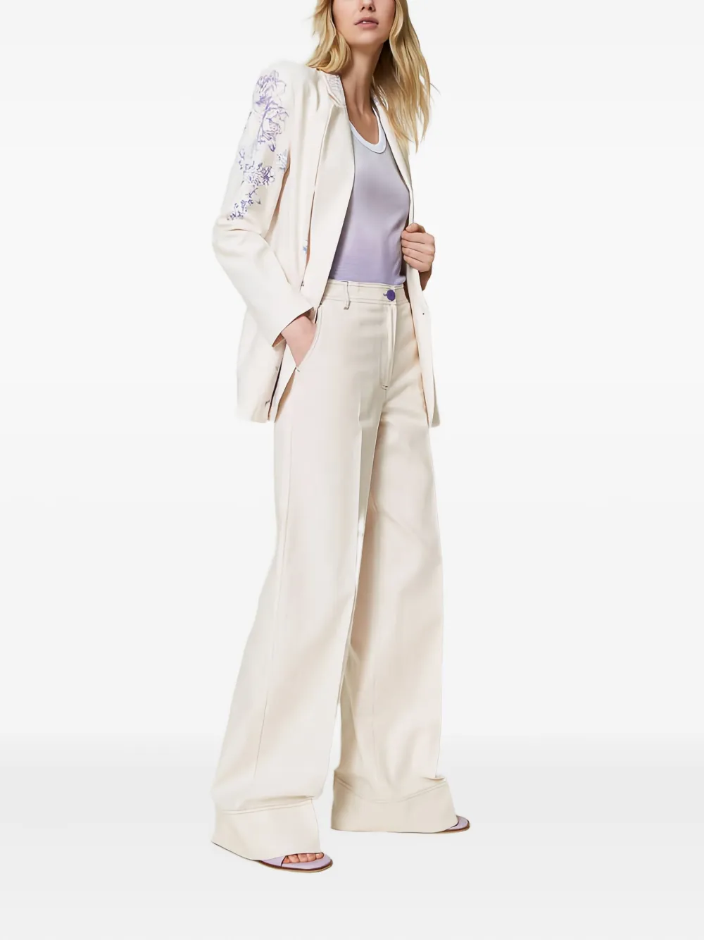 TWINSET Palazzo broek met geborduurde bloemen Wit