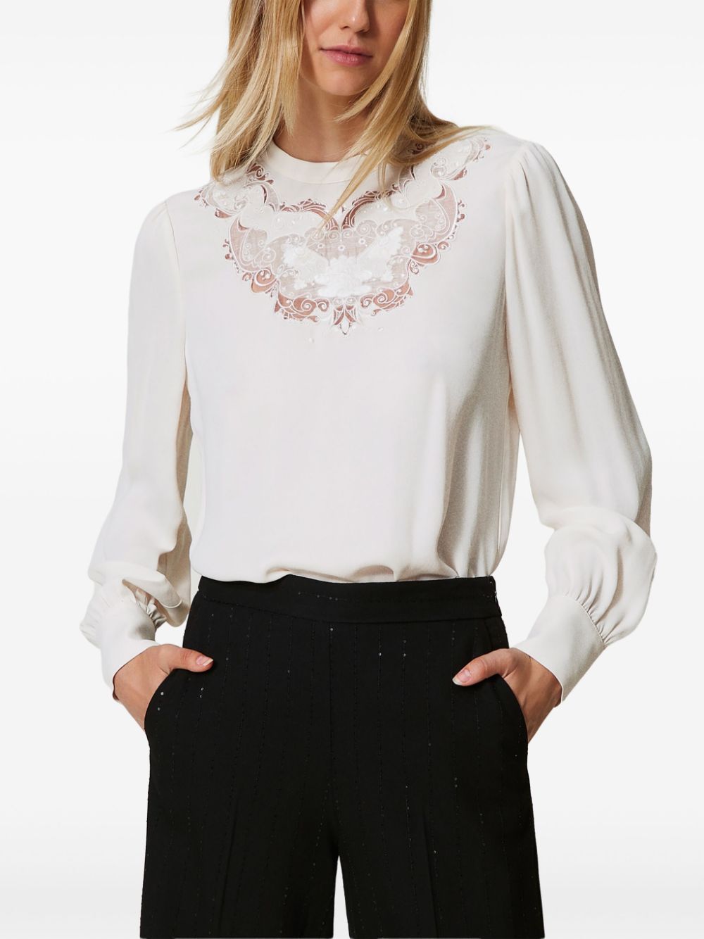 Shop Twinset Floral-embroidered Crepe Blouse In White