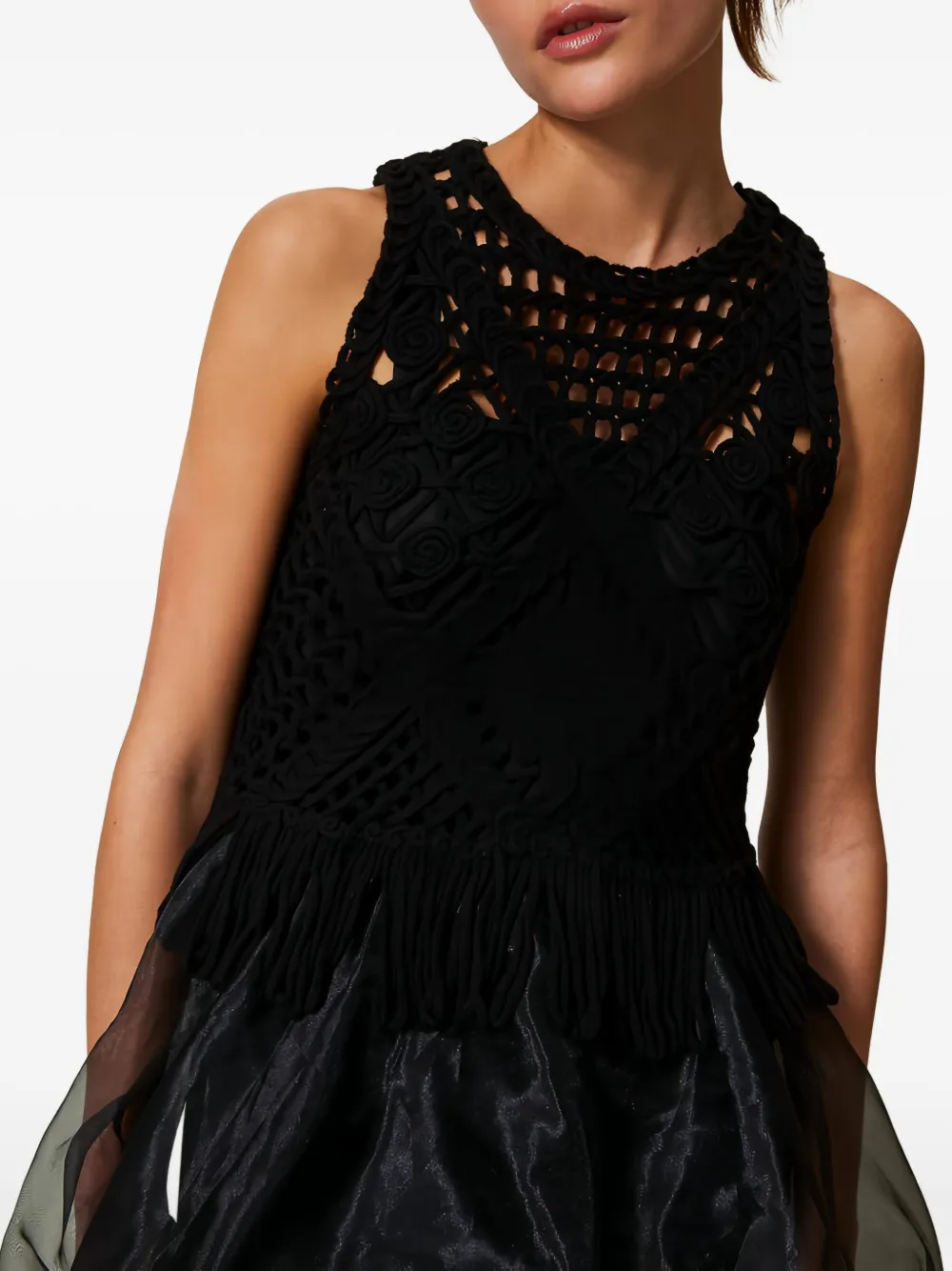 Twinset Crochet-trimmed Bubble Mini Dress In Black