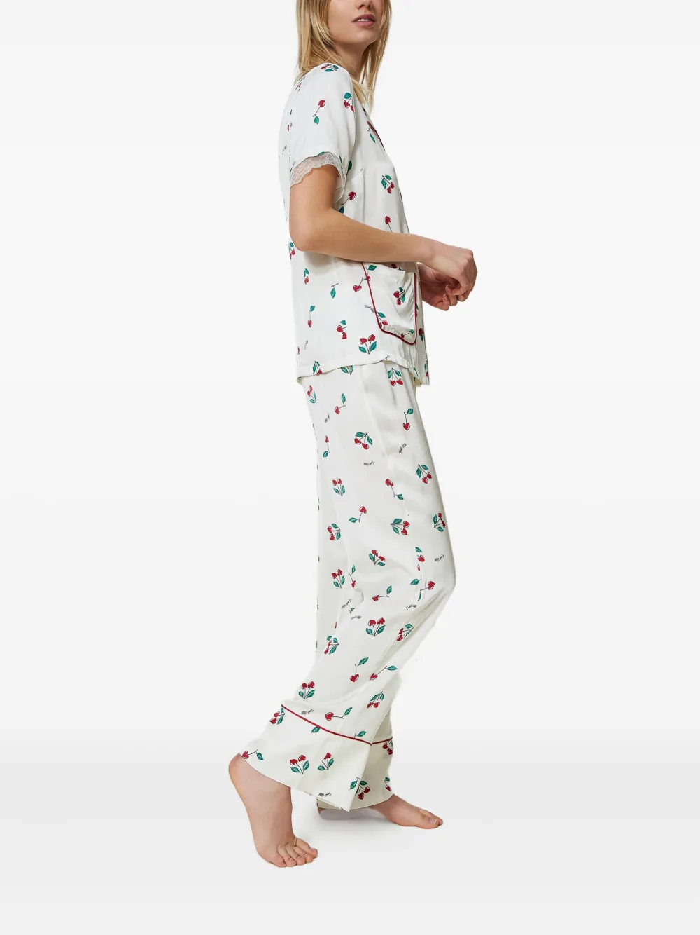 Twinset Cherry-pattern Satin Pajama Bottoms In White