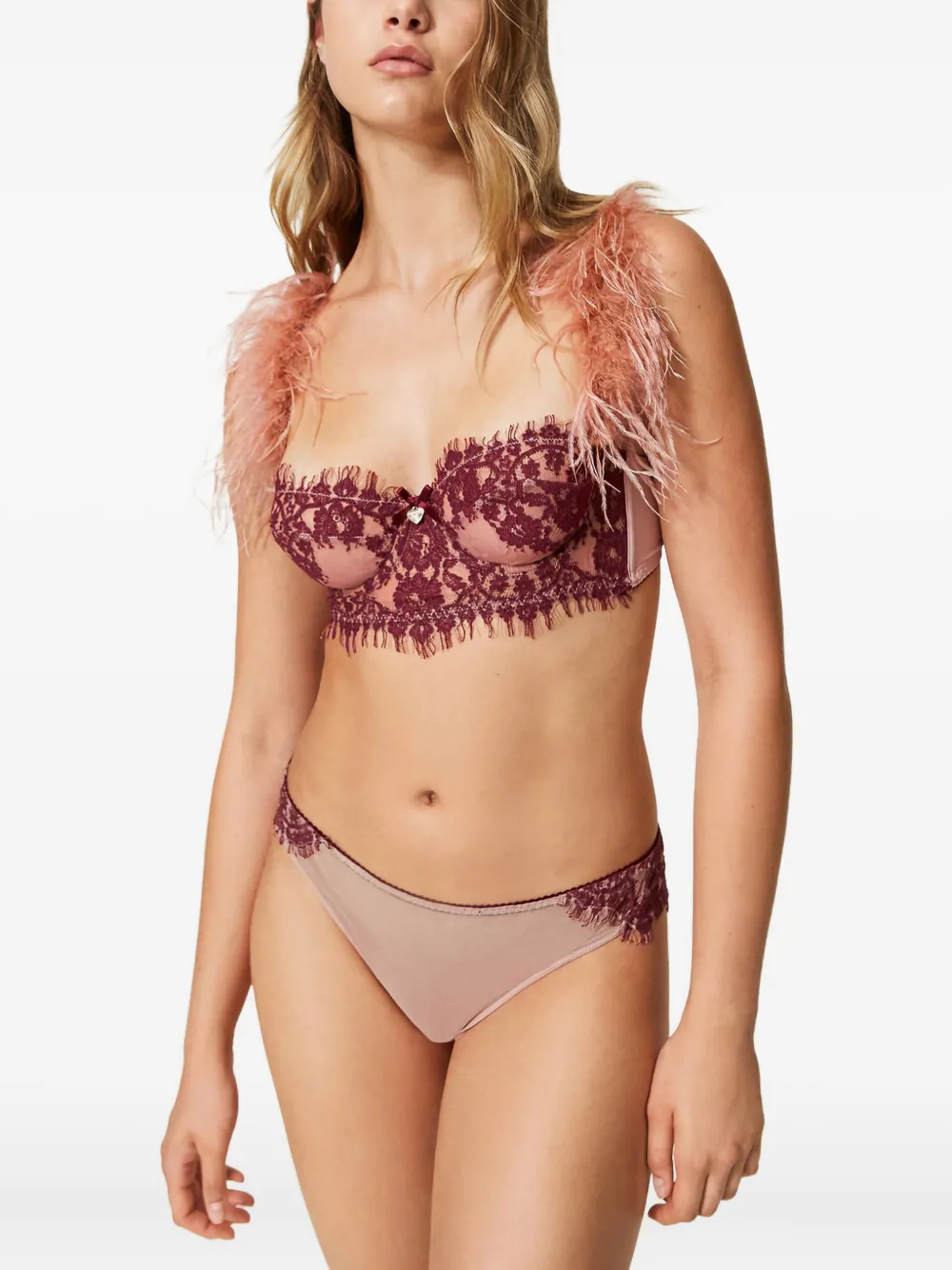 Twinset Feather-trimmed Balconette Bra In Brown
