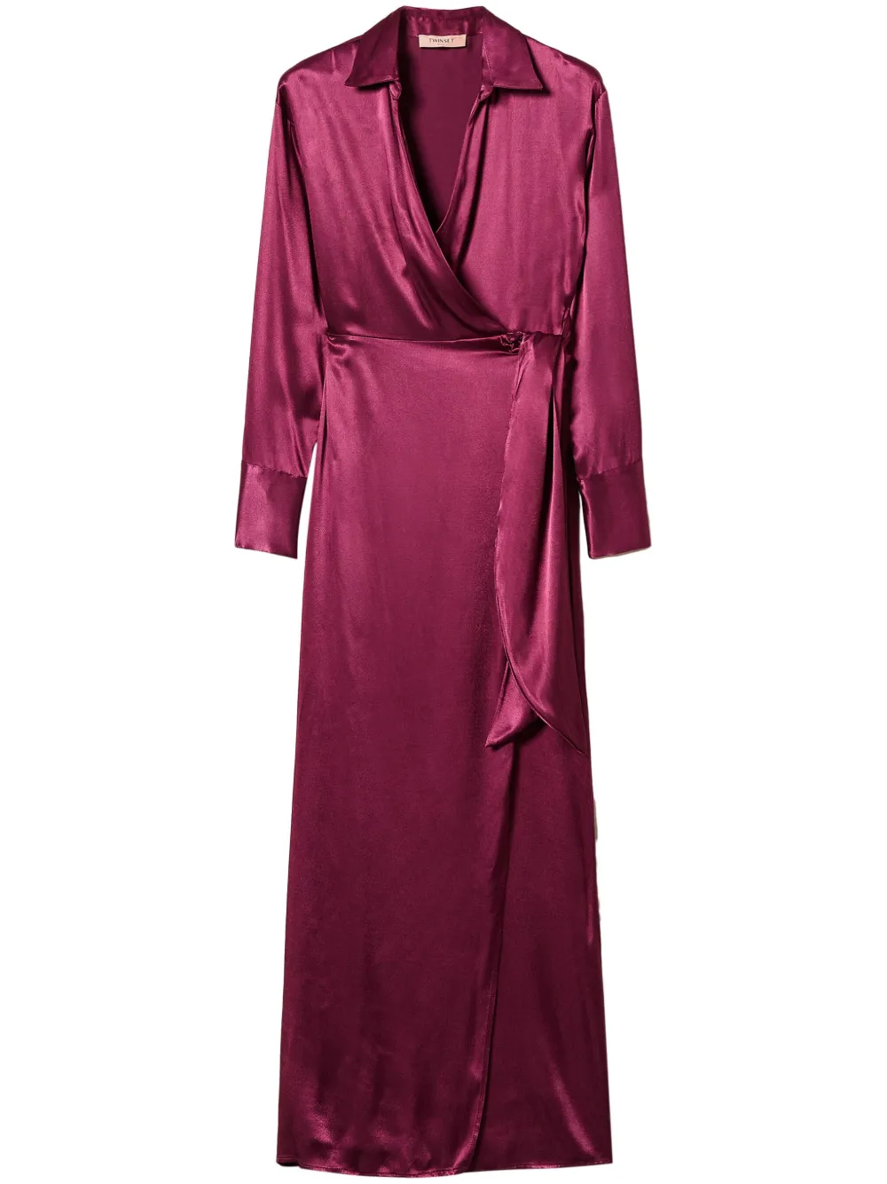 Red satin long sleeve wrap dress 2025