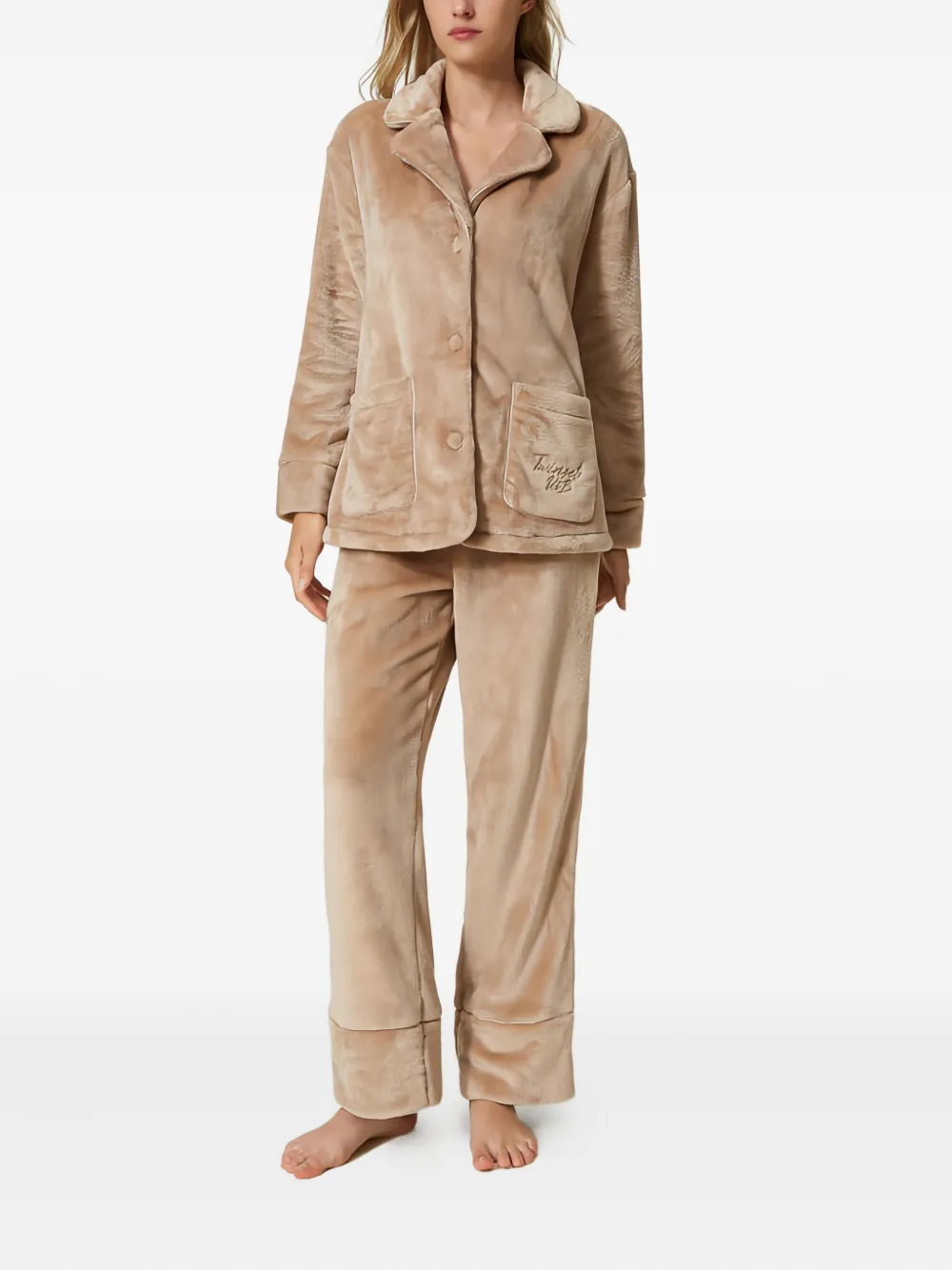 Twinset Faux-fur Long-sleeve Pajamas In Neutral