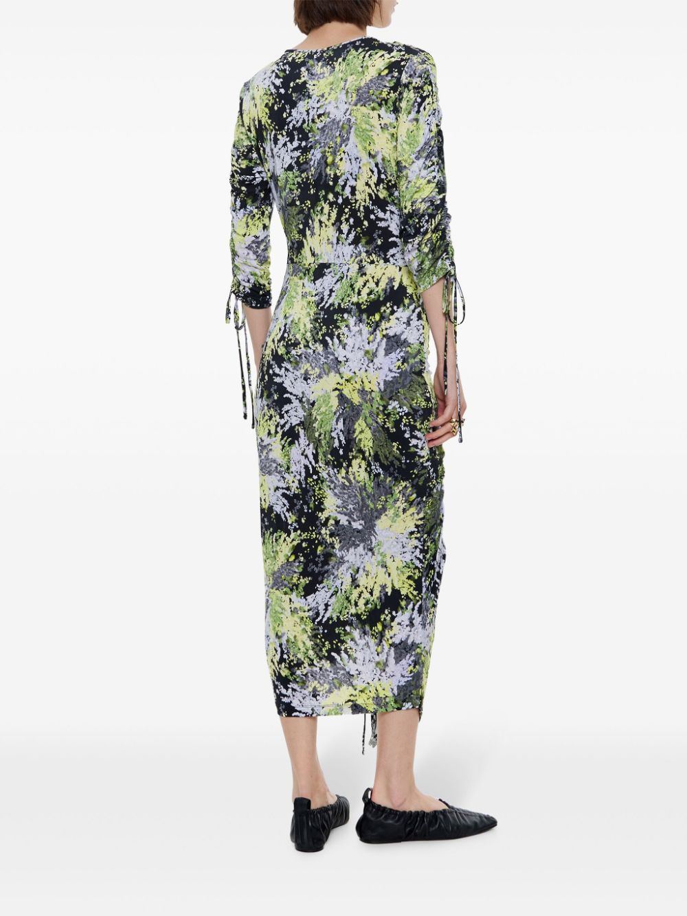 Shop Bimba Y Lola All-over Graphic Print Ruched Midi Dress In Black