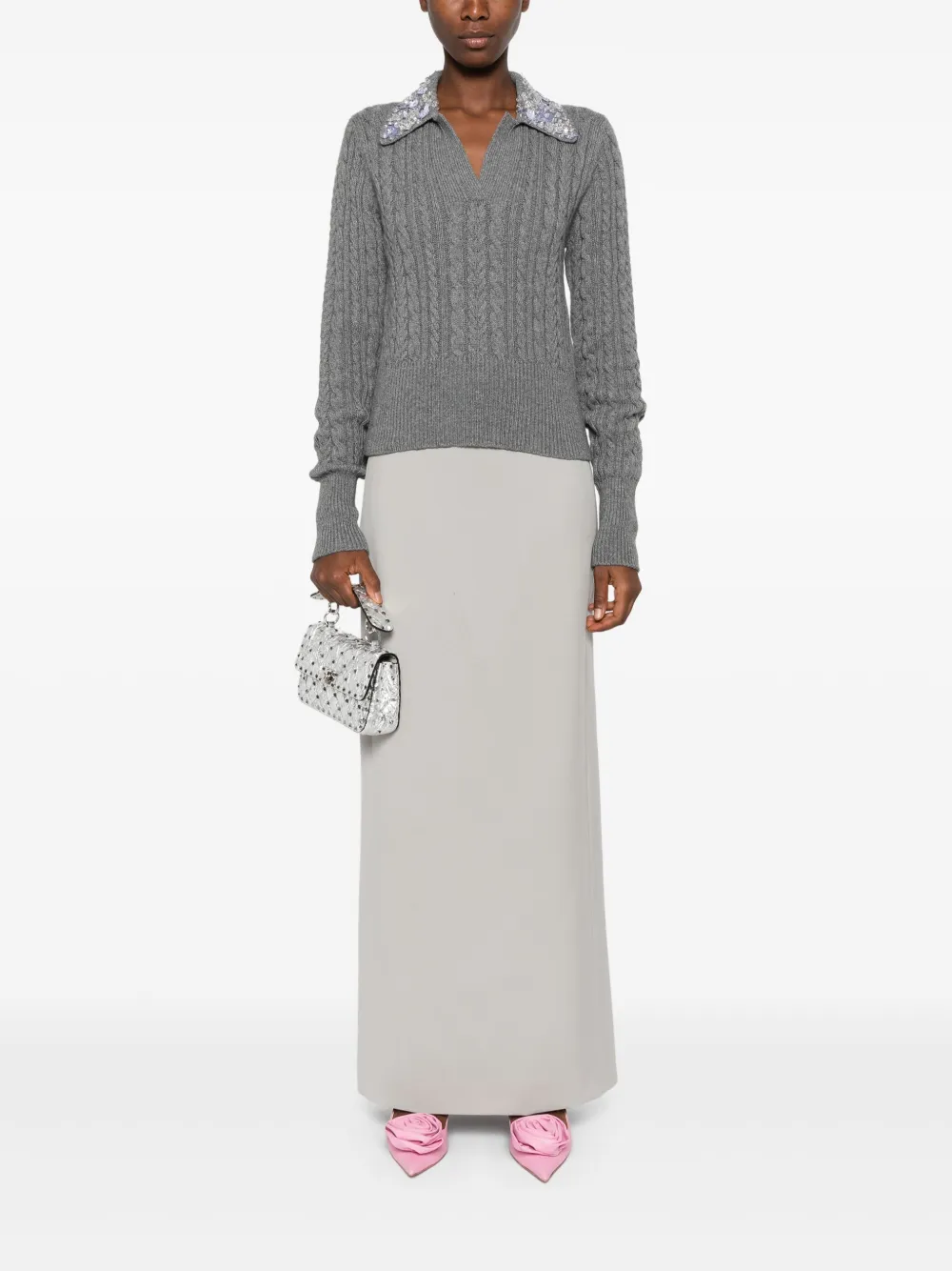 DES PHEMMES floral appliqué cable knit top - Grijs