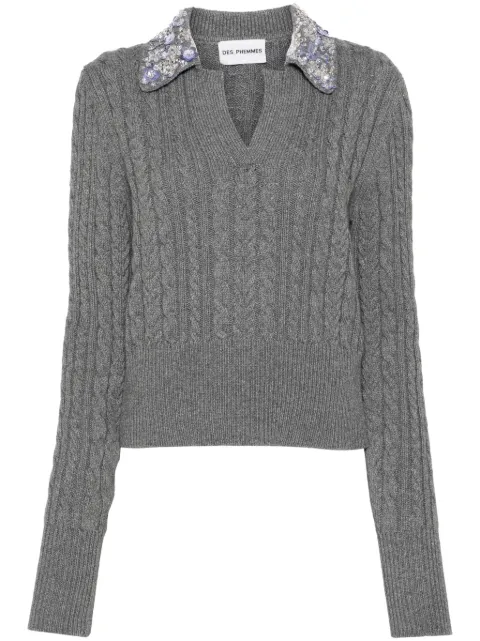 DES PHEMMES floral appliqué cable knit top