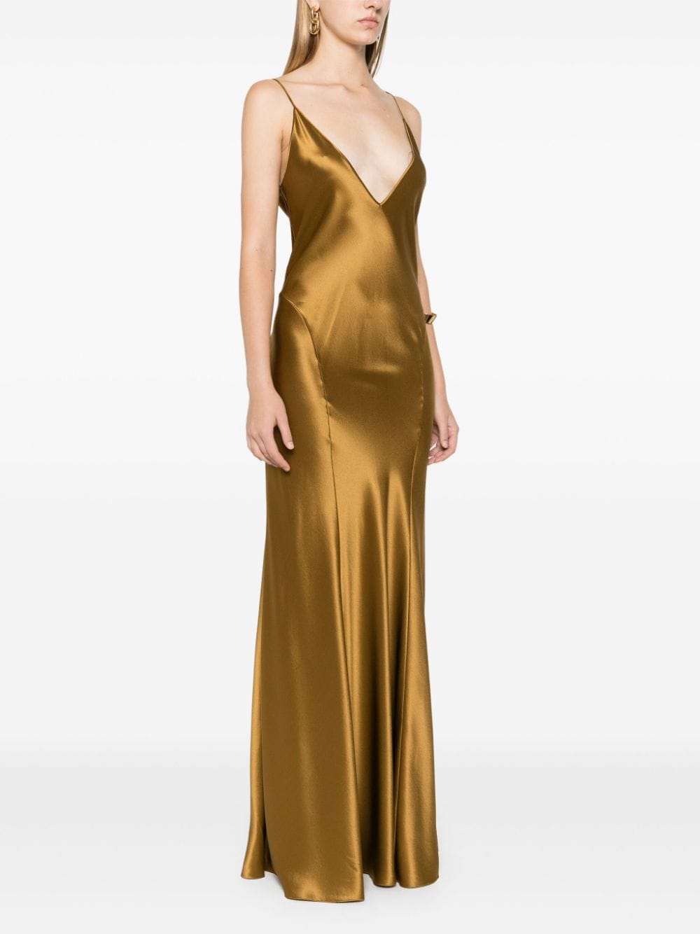 Shop Saint Laurent V-neck Silk Dress In Braun